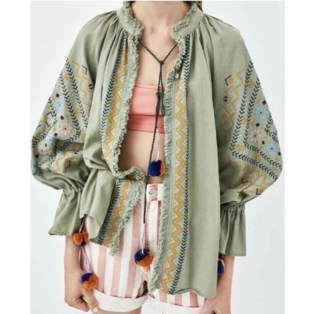 Zara Open Jacket Cotton Linen Blend Embroidered XS